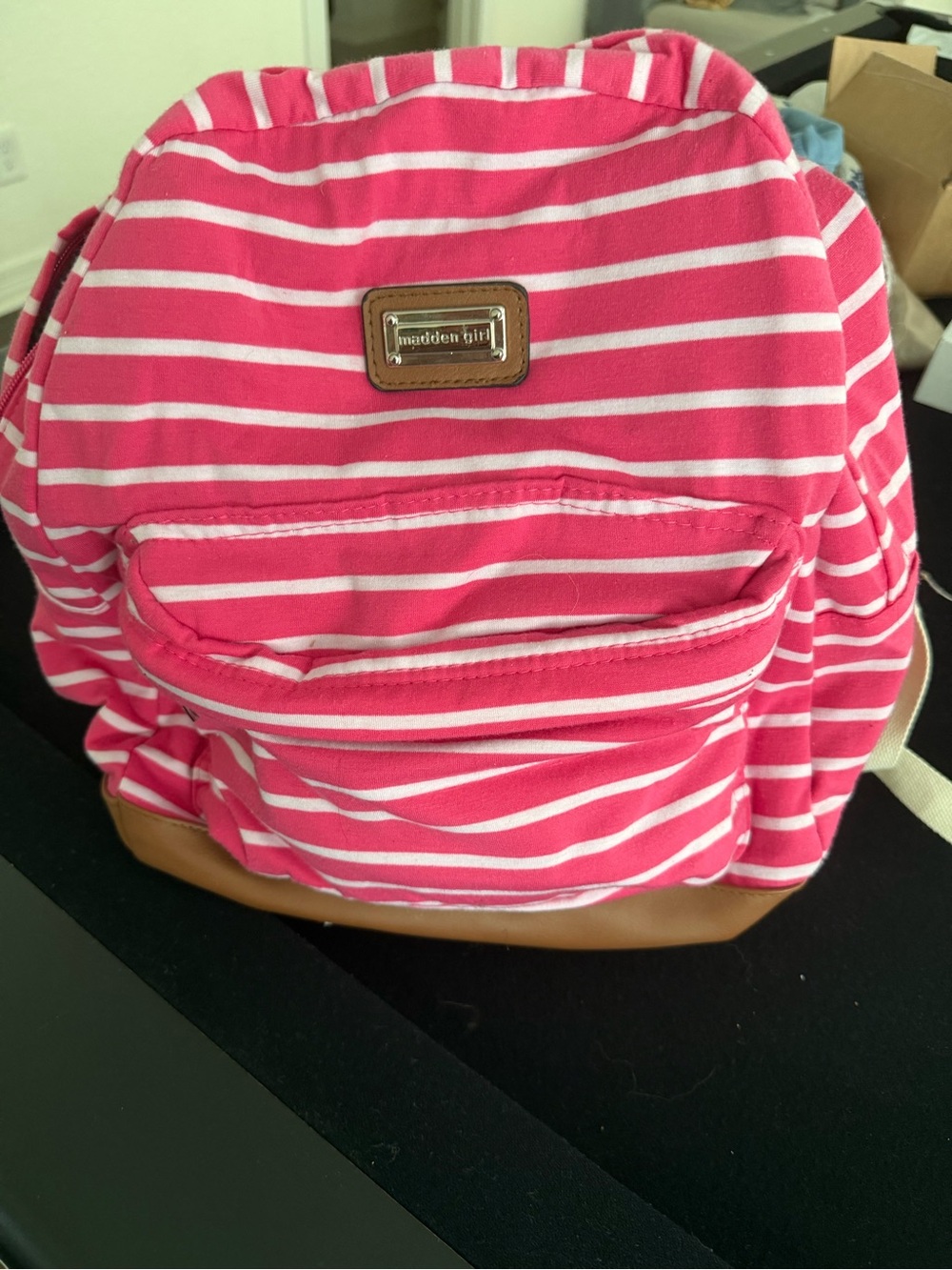 Madden Girl Pink and White Striped Canvas Backpack with Tan Base